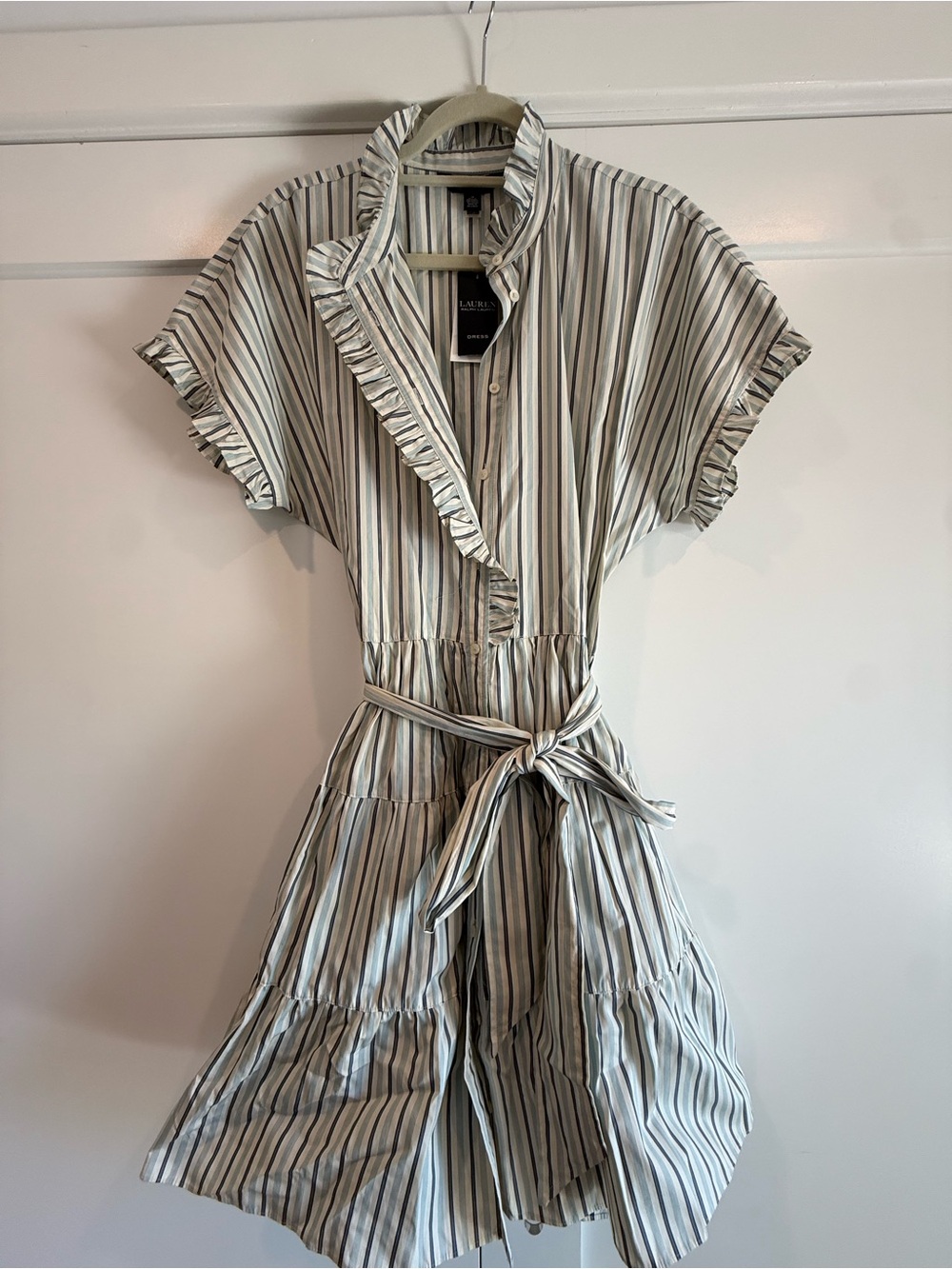 Ruffle-Trim Striped Shirt Dress in Light Blue and Cream
